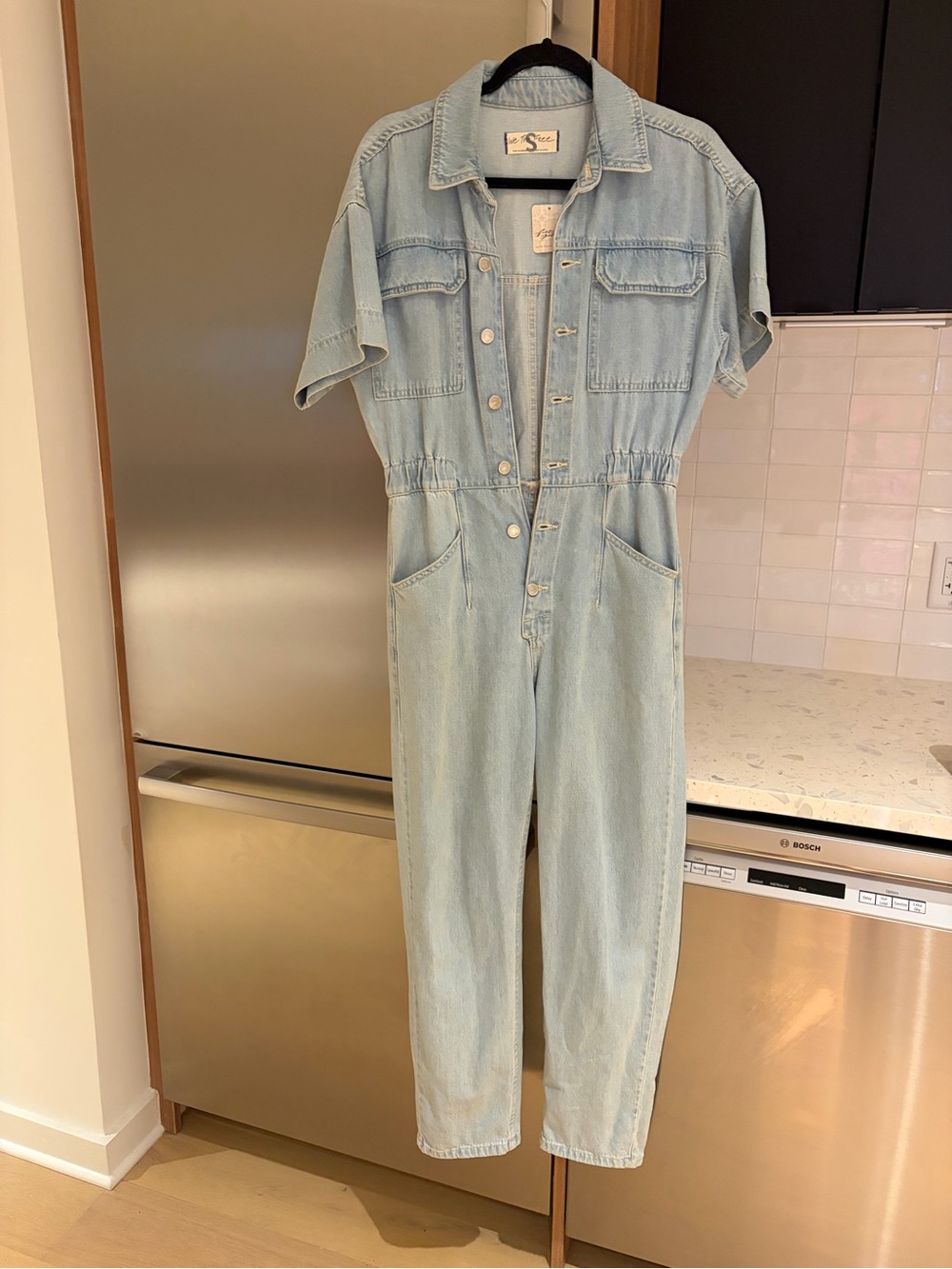Free People Light Blue Denim Short-Sleeve Jumpsuit